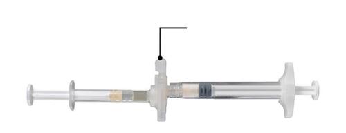 Siringa preriempita trasparente con stantuffo e ago protetto da cappuccio di sicurezza bianco