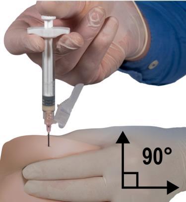 Siringa con ago che inietta farmaco nel braccio di un manichino, angolo retto indicato con freccia e gradi numerati