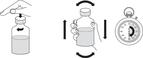 Fiala di vetro con liquido, cronometro che segna i minuti e frecce direzionali indicano come agitare e preparare il medicinale