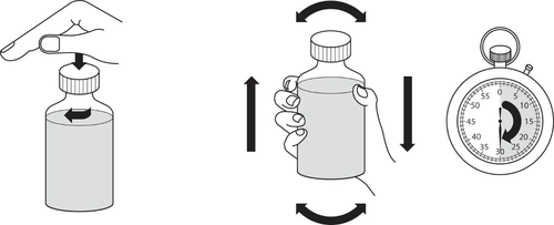 Fiala di vetro con stantuffo, timer e frecce che indicano movimenti di agitazione e pressione