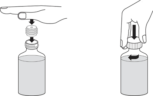 Fiala di vetro trasparente con liquido, tappo e due mani che mostrano come rimuovere il tappo con rotazione