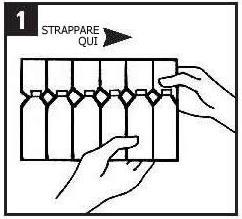 Confezione farmaceutica con linea tratteggiata indicante dove strappare e mano che apre il blister contenente diverse unit&agrave;