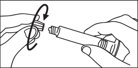 Mano che avvita un cilindro bianco su un dispositivo con un ago curvo e una freccia che indica la rotazione