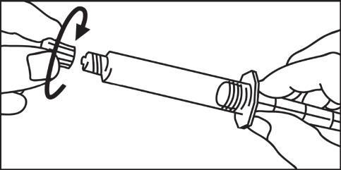 Mani che avvitano un ago alla siringa trasparente con un movimento rotatorio indicato da una freccia curva