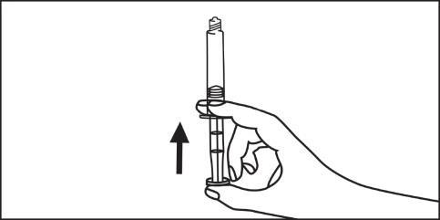 Mano che tiene una siringa preriempita con stantuffo visibile e freccia nera che indica la direzione di spinta