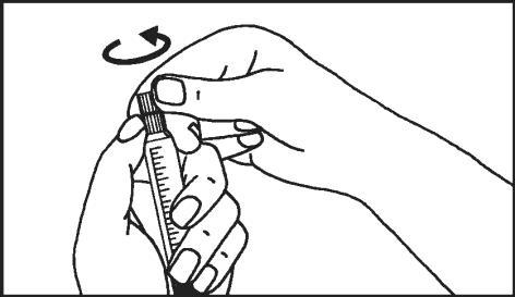 Mano che afferra una penna precompilata con scala graduata e freccia curva che indica la rotazione