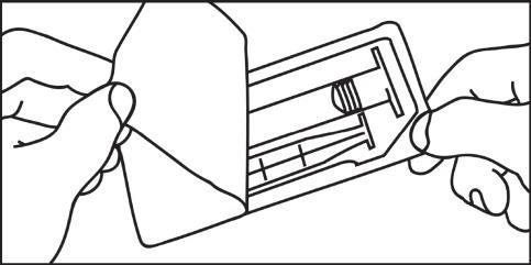 Mani che aprono una confezione blister rettangolare contenente test diagnostici a strisce, con incavi per l