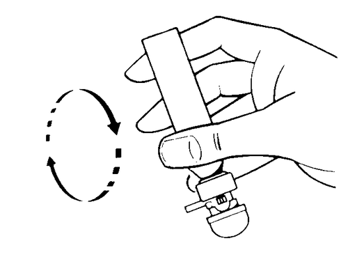 Mano che ruota un dispositivo penna iniettabile con freccia curva e indicazione del dosaggio regolabile