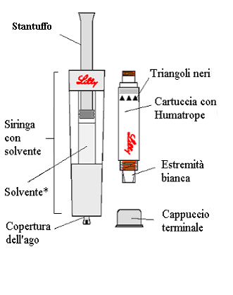 Siringa con solvente e cartuccia Humatrope, con indicazioni di parti come stantuffo, cappuccio terminale e solvente