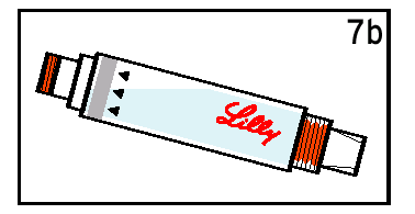 Penna precompilata con logo Lilly stilizzato, indicazioni di frecce nere e tappi arancioni alle estremità