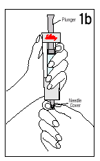 Mano che tiene una siringa preriempita con ago inserito nella pelle, indicazioni testuali