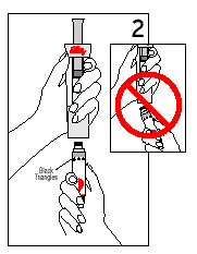 Mano che tiene il dispositivo autoiniettore con freccia che indica la corretta posizione e croce su quella errata