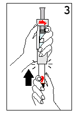 Mano che tiene una siringa preriempita con freccia rossa e ago inserito nella pelle con segno di iniezione e freccia nera indicante la direzione