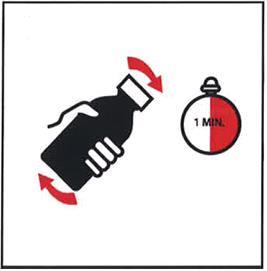 Fiala di medicinale con frecce rotanti e un cronometro che indica 1 minuto per la miscelazione