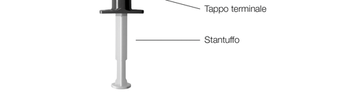 Tappo terminale bianco su stantuffo cilindrico grigio chiaro con indicazioni testuali laterali