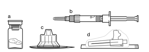 Fiala di vetro con liquido, siringa pre-riempita, adattatore e sito di iniezione cutanea rappresentati schematicamente