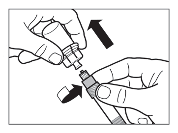 Mano che collega un adattatore nero ad una siringa trasparente con frecce nere che indicano la direzione di connessione