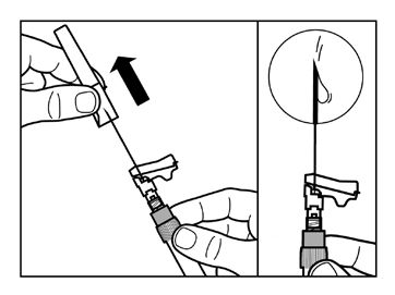 Mano che tiene una siringa preriempita con ago inserito sotto la pelle, freccia nera indica direzione e ingrandimento dettaglio ago