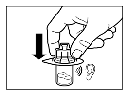 Mano che preme un dispositivo cilindrico su una fiala con liquido, freccia nera indica la direzione della pressione