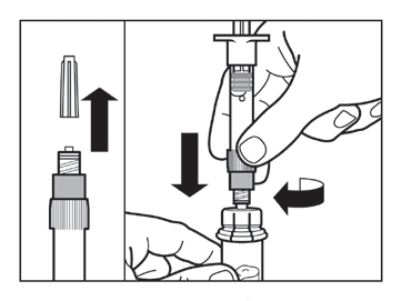 Mano che avvita un dispositivo cilindrico su un altro, frecce indicano direzione di rotazione e inserimento di un ago