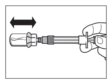 Siringa pre-riempita con ago protetto da cappuccio, freccia bidirezionale indica movimento di estrazione e inserimento