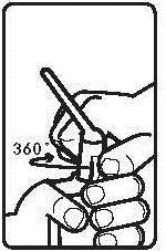Mano che ruota un dispositivo cilindrico con un ago inserito, freccia che indica rotazione di 360 gradi, dita che tengono il dispositivo