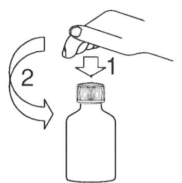 Mano che svita il tappo di un flacone medicinale con frecce numerate che indicano la sequenza di apertura