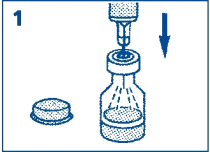 Fiala di vetro con liquido e tappo rimosso, ago che penetra verticalmente nel centro del tappo di gomma