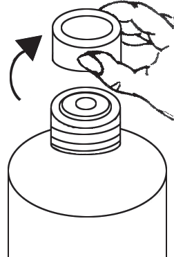 Mano che svita il tappo bianco da un flacone cilindrico, freccia curva indica il senso di rotazione antioraria