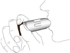 Mano che tiene un adattatore grigio per fiala con una fiala marrone inserita parzialmente