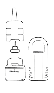 Flacone spray nasale con tappo e contenitore protettivo trasparente etichettato Flixonas