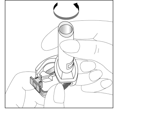 Dispositivo di iniezione autoiniettante con cartuccia inserita e pulsante di rilascio laterale su mano stilizzata