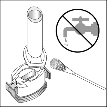Dispositivo medico con spazzola di pulizia e simbolo di divieto di contatto con l