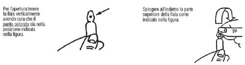 Fiala con ago protettivo e meccanismo di sicurezza mostrato in diverse fasi di utilizzo e attivazione