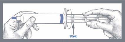 Mani che tengono una siringa preriempita con una banda blu, freccia nera indica lo stelo e il movimento di aspirazione