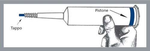 Siringa con pistone e tappo indicati da frecce, tenuta in mano per l