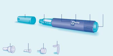 Penna per iniezione blu e argento smontata con componenti separati inclusi ago e adattatore