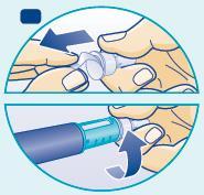 Mani che tengono un dispositivo autoiniettante con una freccia che indica la pressione del pistone e una seconda freccia che indica il movimento