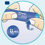 Penna per insulina blu con display che indica 0,01mg e freccia che indica la regolazione della dose