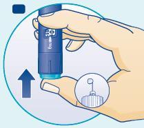 Penna per iniezione blu con dosaggio 30mg tenuta in mano, freccia direzionale verso l