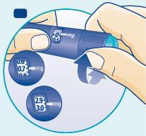 Penna iniettabile blu con dosaggio 30mg e due pulsanti di selezione con dosaggio 07-00mg e 29-30mg su sfondo azzurro