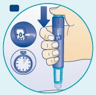 Mano che tiene un dispositivo blu per iniezione con indicatore di dose e freccia verso il basso, cronometro e finestra con 0 mg