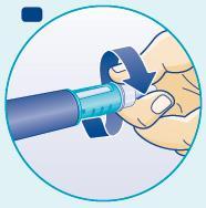 Mano che ruota il cappuccio protettivo blu di una penna per iniezione con scala graduata trasparente