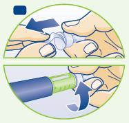 Mano che inserisce un dispositivo medico con ago nella pelle, freccia indica la direzione di inserimento e collegamento ad un cilindro verde