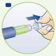 Penna iniettabile verde con ago e dito che preme il pulsante di rilascio del farmaco