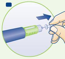 Penna per iniezione verde e nera con ago trasparente tenuta da una mano, freccia che indica la direzione