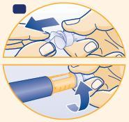 Mano che afferra il dispositivo autoiniettore con freccia blu che indica la direzione di inserimento e corpo del dispositivo giallo