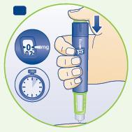 Penna iniettabile blu e verde tenuta in mano, freccia blu indica la pressione, display con 0 mg e orologio che indica 5 secondi