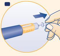Penna iniettabile gialla e blu con ago fissato e dito che preme il pulsante di rilascio del farmaco