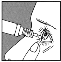 Applicazione di collirio con contagocce, mano che tiene il flacone e l